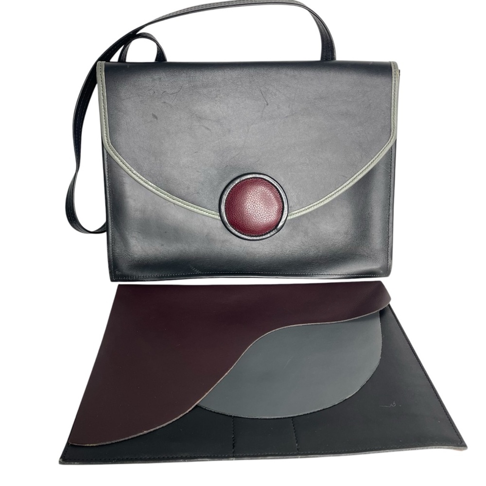 Vintage Leather Envelope Satchel 80s Black Gray Maroon & Clutch Folder Shoulder